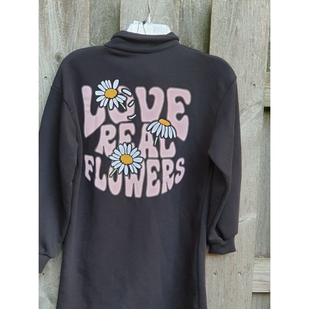 New Zara Girl Love Real Flowers Black Sweatshirt Style Dress SZ 11-12